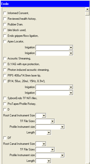 Computer screen window of a list of clickable boxes for utensils and equipment for an Endo