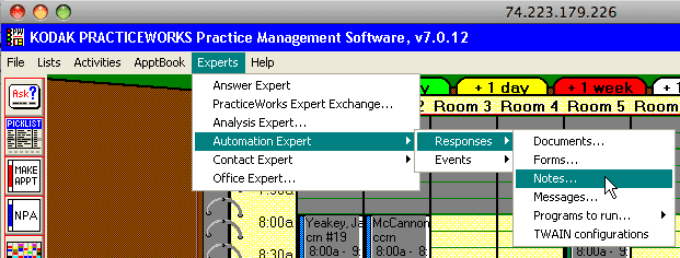 Computer screen window for Kodak Practiceworks management software using automation expert responses notes