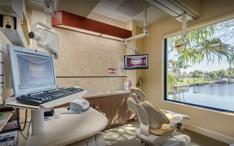 A view of one of the rooms where dental exams and procedures happen and has a view of the aviary